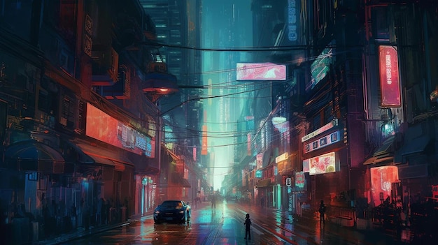 ein Gemälde einer Straße mit einem Mann, der auf der Straße geht.