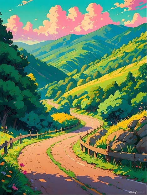 ein Gemälde einer Straße mit einem Zaun und einer Straße mit Bergen im Hintergrund