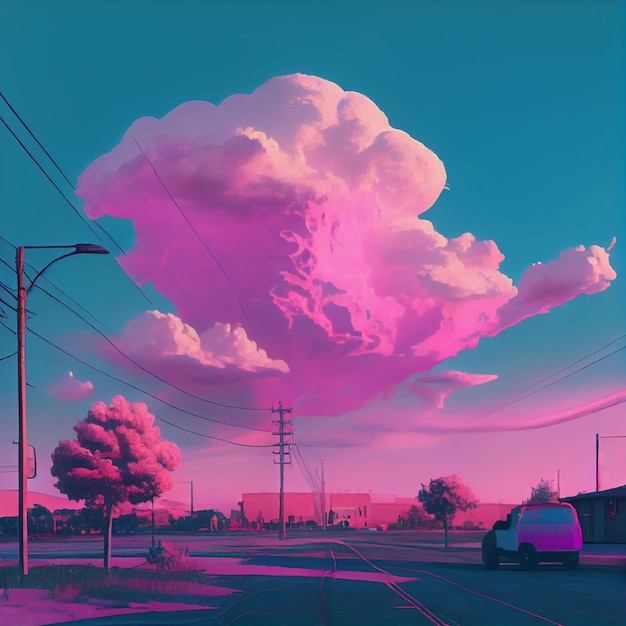 Ein Gemälde einer Straße mit einer rosa Wolke am Himmel.