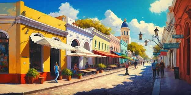 Ein Gemälde einer Straßenszene mit einem farbenfrohen Gebäude und einer Kirche im Hintergrund.