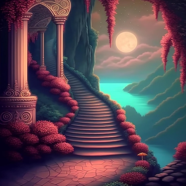 Ein Gemälde einer Treppe, die zu einem Schloss führt, mit einem See im Hintergrund, generative KI