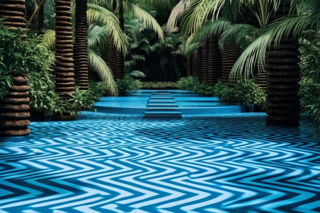 Ein Gemälde einer tropischen Oase mit einem ruhigen Pool und üppigen Palmen