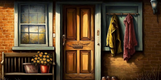Ein Gemälde einer Tür mit einer gelben Jacke darauf