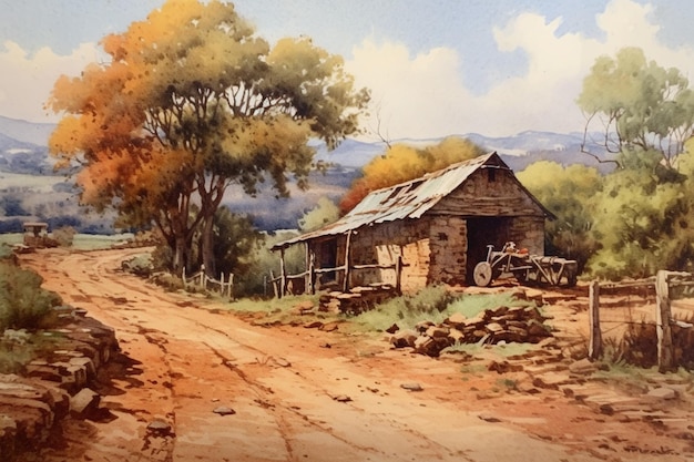 Ein Gemälde einer unbefestigten Straße mit einem Haus im Hintergrund.