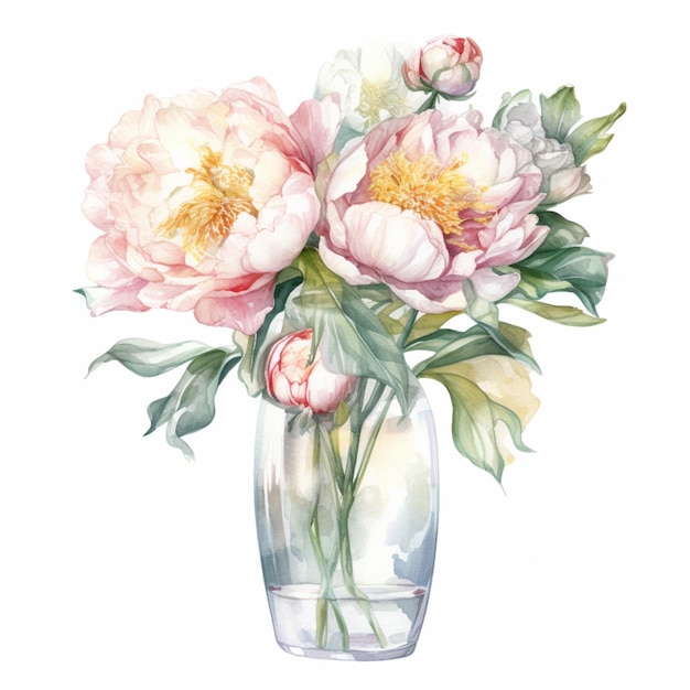 Ein Gemälde einer Vase mit Blumen darin, auf dem „Pfingstrosen“ steht.