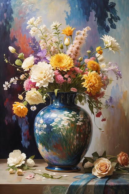 Ein Gemälde einer Vase mit Blumen im Aquarellstil