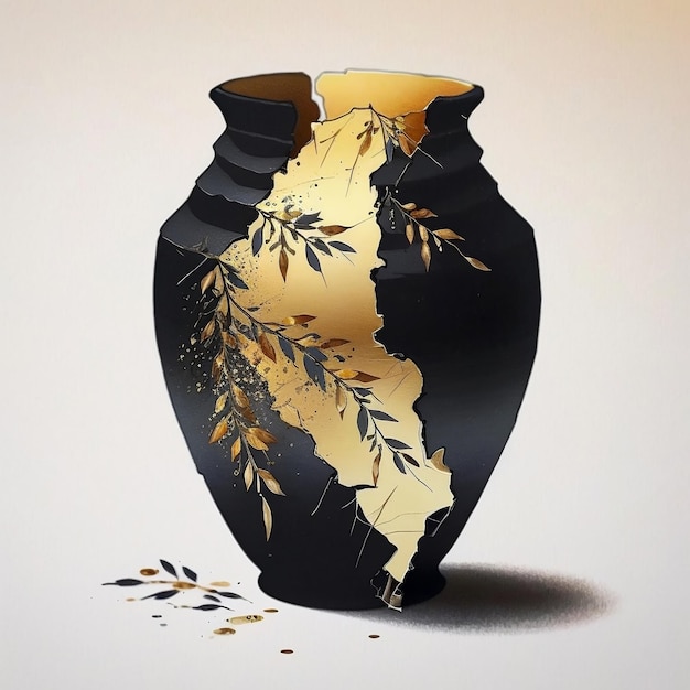 Ein Gemälde einer Vase mit goldenen Blättern und einer schwarz-weißen Vase.