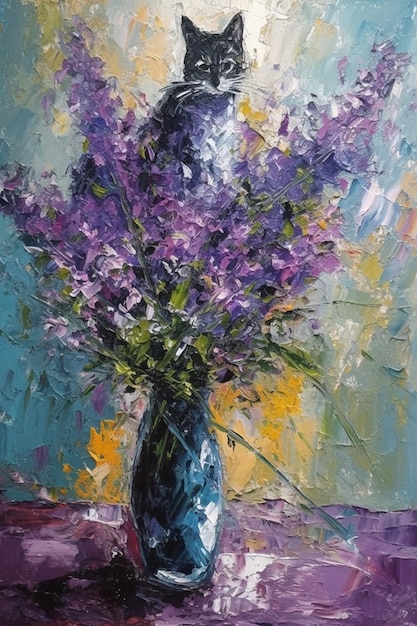 Ein Gemälde einer Vase mit lila Blumen.