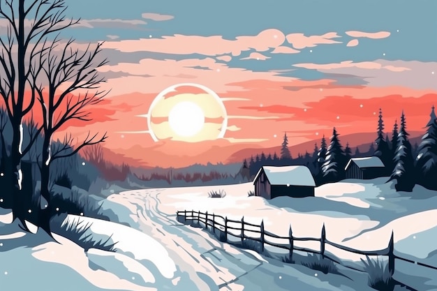 Ein Gemälde einer verschneiten Landschaft mit einem Sonnenuntergang im Hintergrund.