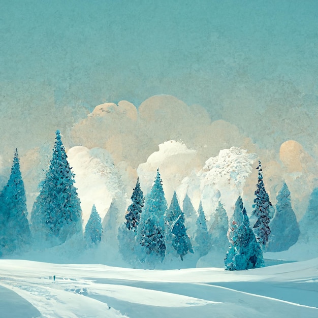 Ein Gemälde einer verschneiten Landschaft mit einem verschneiten Feld und Bäumen.