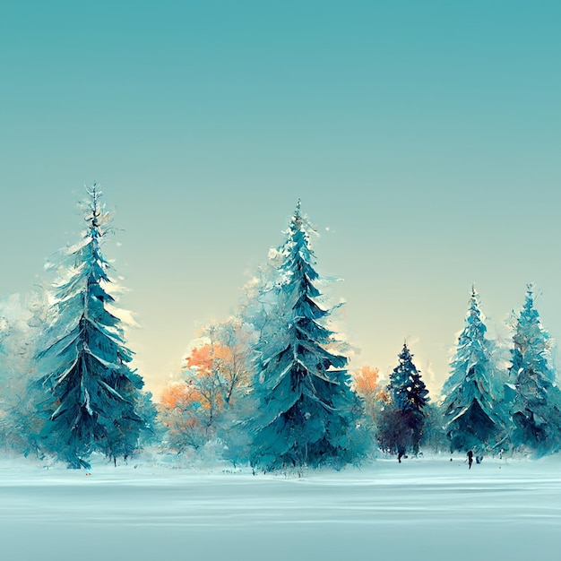 Ein Gemälde einer verschneiten Szene mit Bäumen im Schnee.