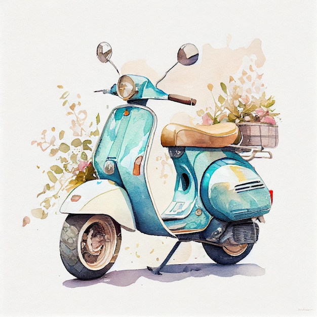 Ein Gemälde einer Vespa, die blau und weiß ist.