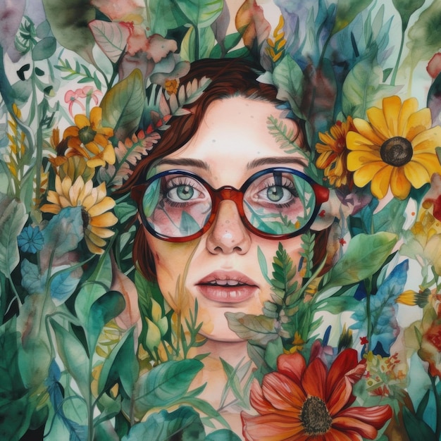 Ein Gemälde einer von Blumen umgebenen Frau. Generatives KI-Bild