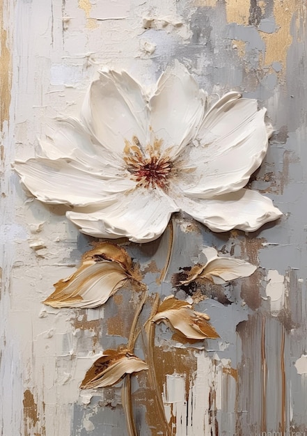Ein Gemälde einer weißen Blume mit goldenen Blättern und einem Blattgold.