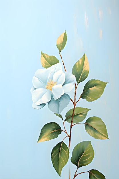 ein Gemälde einer weißen Blume mit grünen Blättern. Gouache-Gemälde einer mintfarbenen Blume. Perfekt für