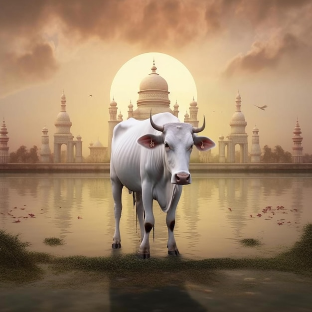 Ein Gemälde einer weißen Kuh mit einem großen Gebäude im Hintergrund.