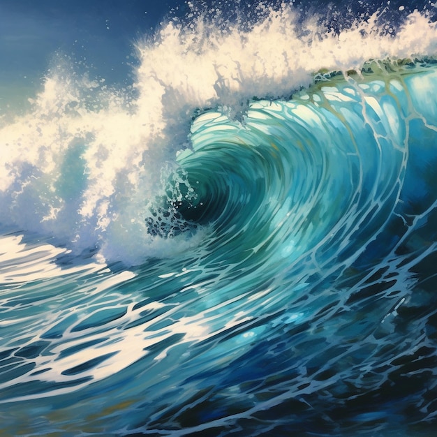ein Gemälde einer Welle, auf der das Wort „“ steht.
