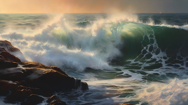 Ein Gemälde einer Welle, die an einem felsigen Ufer zusammenbricht.