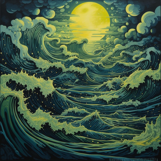 Ein Gemälde einer Welle mit dem Mond am Himmel
