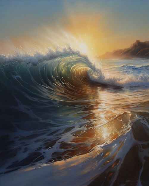 Ein Gemälde einer Welle mit untergehender Sonne.