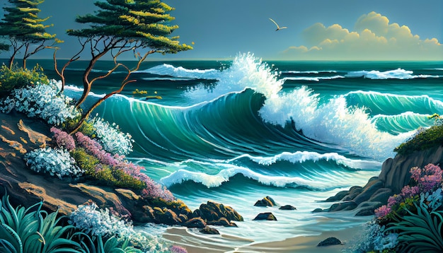 Ein Gemälde einer Welle und des Meeres