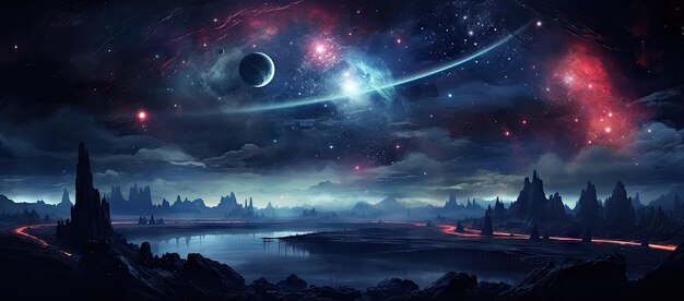 Ein Gemälde einer Weltraumszene mit Planeten und Sternen