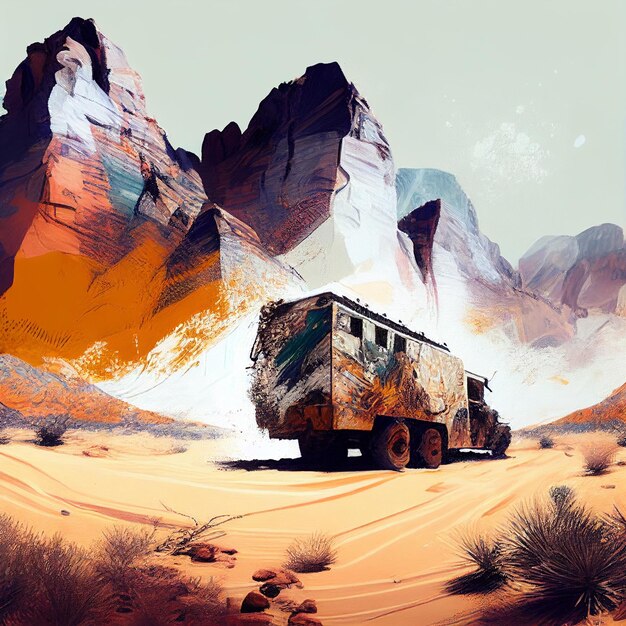 Foto ein gemälde einer wüstenszene mit einem großen fahrzeug im vordergrund.