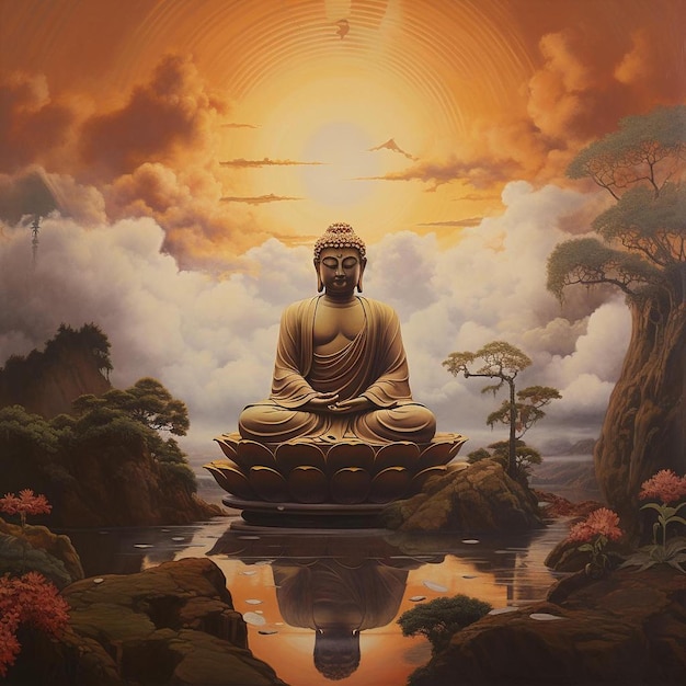 ein Gemälde eines auf einem Felsen sitzenden Buddhas mit der Sonne dahinter.