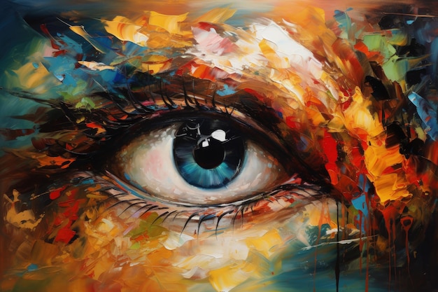 Ein Gemälde eines Auges mit bunter Farbe darauf, generative KI