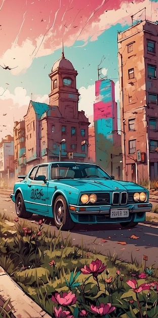 ein Gemälde eines Autos, das neben hohen Gebäuden eine Straße hinunterfährt