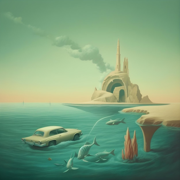 Ein Gemälde eines Autos im Wasser mit einem Gebäude im Hintergrund.