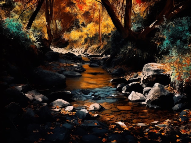 Ein Gemälde eines Baches im Herbst mit dem Namen des Flusses darauf.