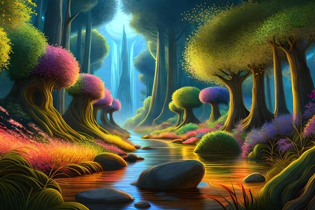 Ein Gemälde eines Baches in einem Wald mit bunten Bäumen