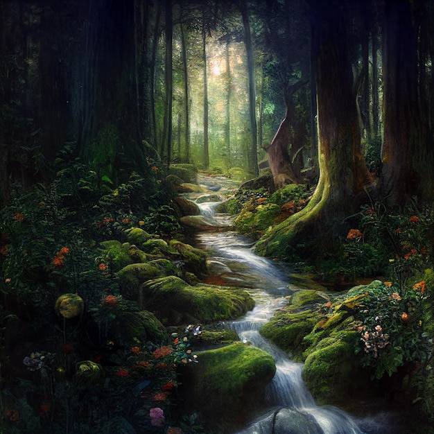 Ein Gemälde eines Baches in einem Wald mit einem grünen Wald und Blumen.