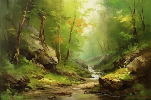 Ein Gemälde eines Baches in einem Wald mit grünem Hintergrund.