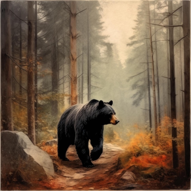 Ein Gemälde eines Bären in einem Wald mit Bäumen und den Worten „Bär“.