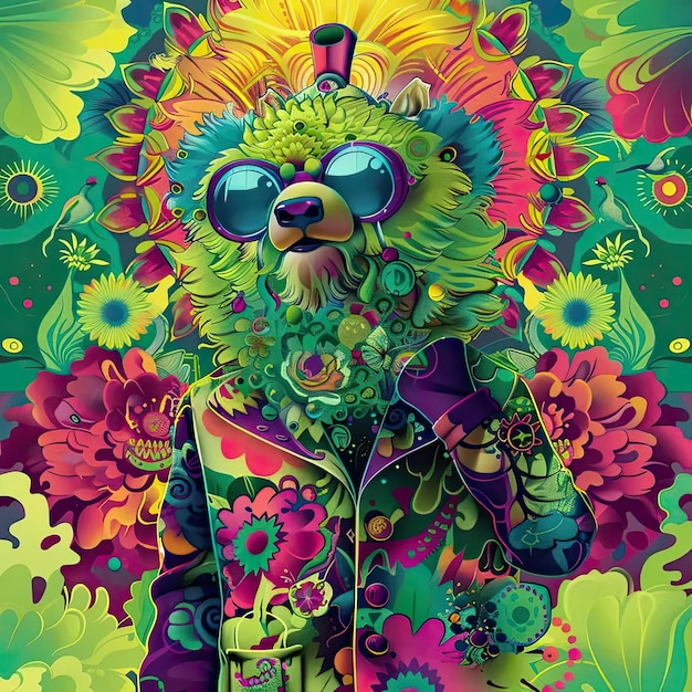 Ein Gemälde eines Bären mit Sonnenbrille und Jacke