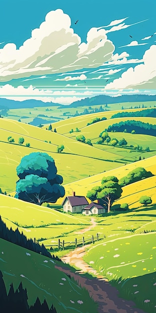 Ein Gemälde eines Bauernhofs mit einem Haus mitten in den Hügeln.