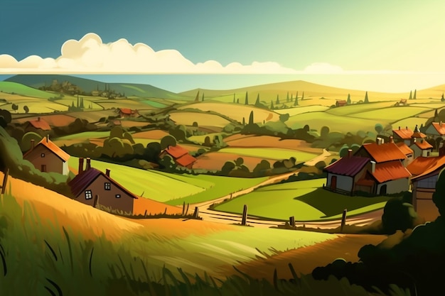 Ein Gemälde eines Bauernhofs mit einer grünen Wiese und einem Haus am Horizont.