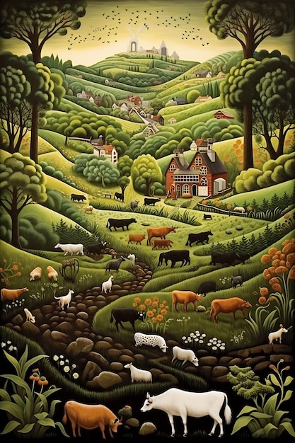 ein Gemälde eines Bauernhofs mit Kühen und einem Haus im Hintergrund