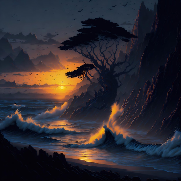 Ein Gemälde eines Baumes am Strand, hinter dem die Sonne untergeht.