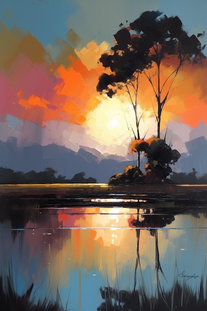 Ein Gemälde eines Baumes auf dem Wasser mit der untergehenden Sonne dahinter