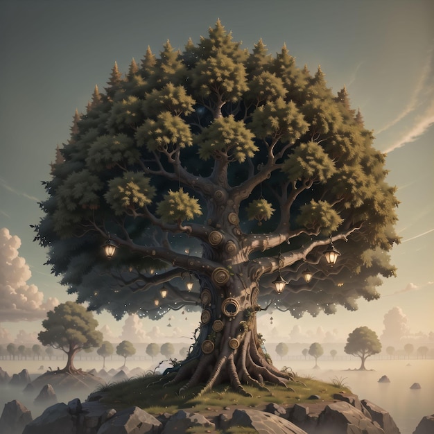Ein Gemälde eines Baumes mit einem Himmelshintergrund