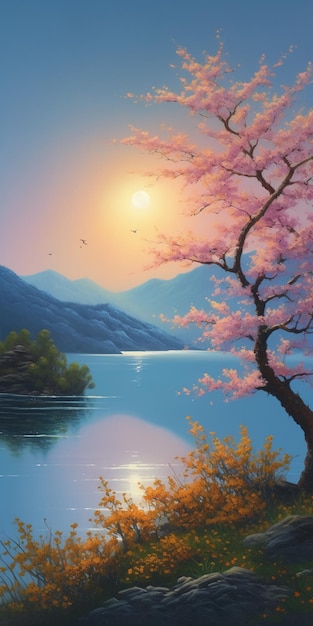 Ein Gemälde eines Baumes mit einem Sonnenuntergang im Hintergrund