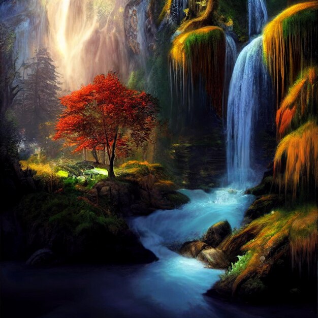 Ein Gemälde eines Baumes mit einem Wasserfall im Hintergrund