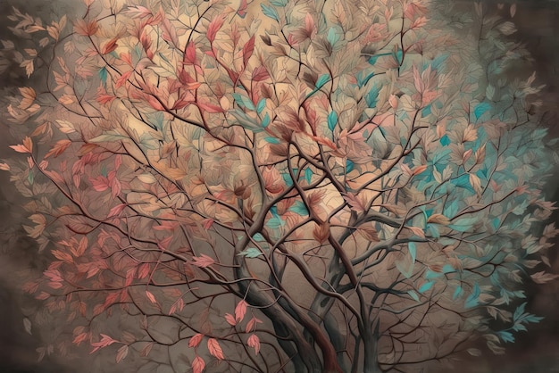 Ein Gemälde eines Baumes mit Herbstlaub.