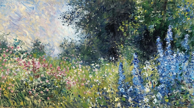 ein Gemälde eines Baumes mit lila Blüten im Hintergrund