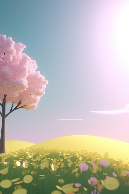 Ein Gemälde eines Baumes mit rosa Blumen darauf