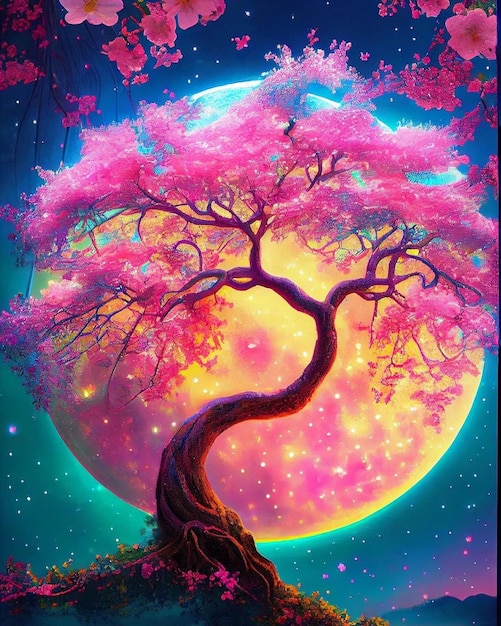 Ein Gemälde eines Baumes mit rosa Blumen und dem Mond im Hintergrund.