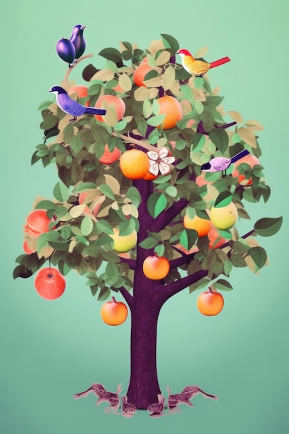 Ein Gemälde eines Baumes mit Vögeln und Orangen Generatives KI-Bild